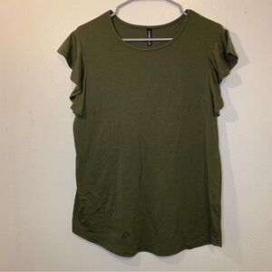 Prinstory T-shirt ruffled sleeves olive green women’s large short sleeve